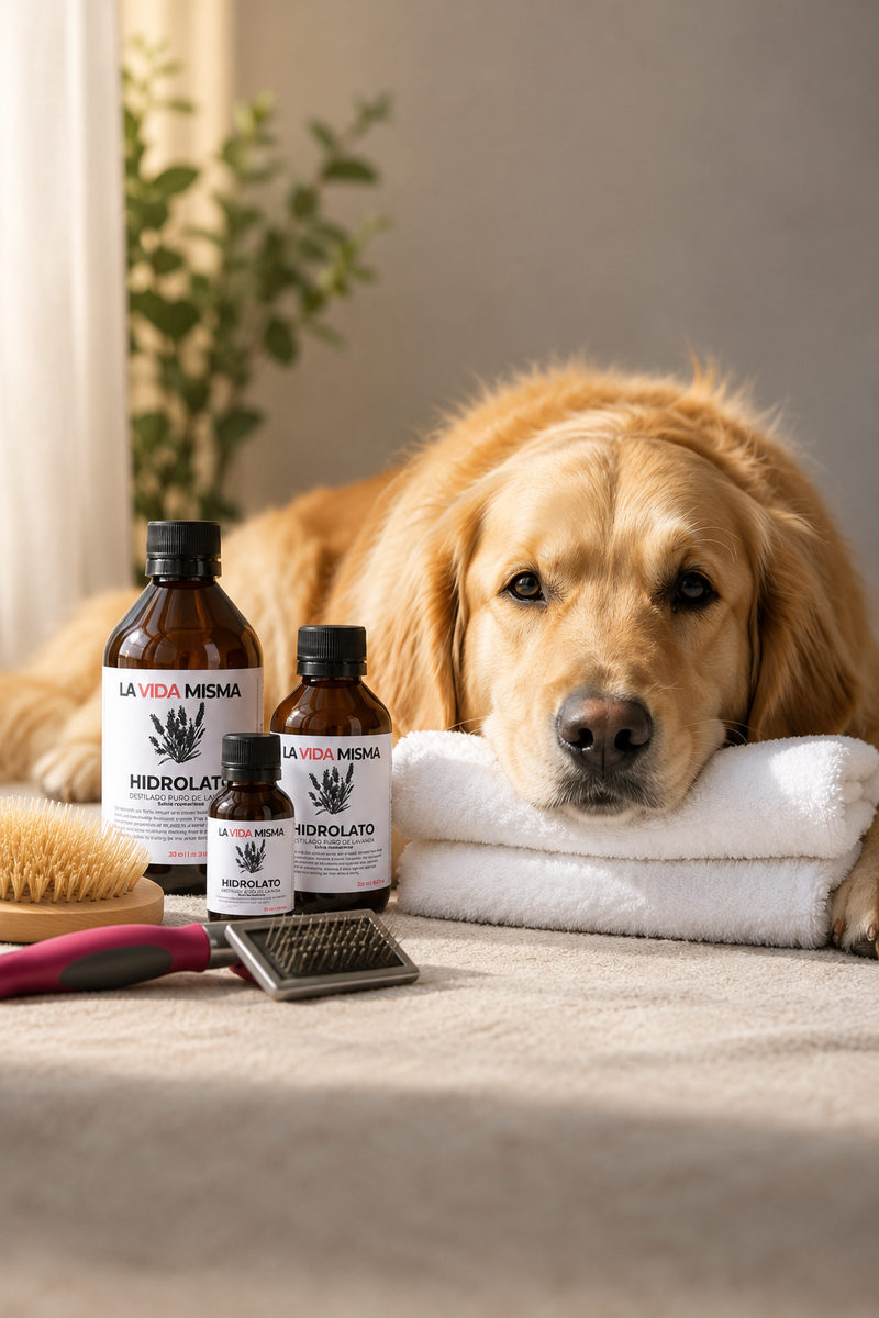 Perro golden retriever descansando sobre toallas junto a botellas de hidrolato de lavanda de La Vida Misma y cepillos para el pelaje