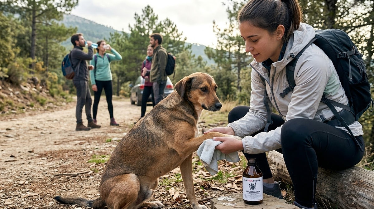Persona limpiando las patitas de un perro tras un paseo al aire libre, junto a una botella de hidrolato de orégano de La Vida Misma